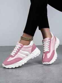 青少年女孩休闲系带运动鞋，时尚简约厚底运动鞋，透气舒适厚底运动鞋，粉色，适合所有季节 - 粉色 - 查看 4
