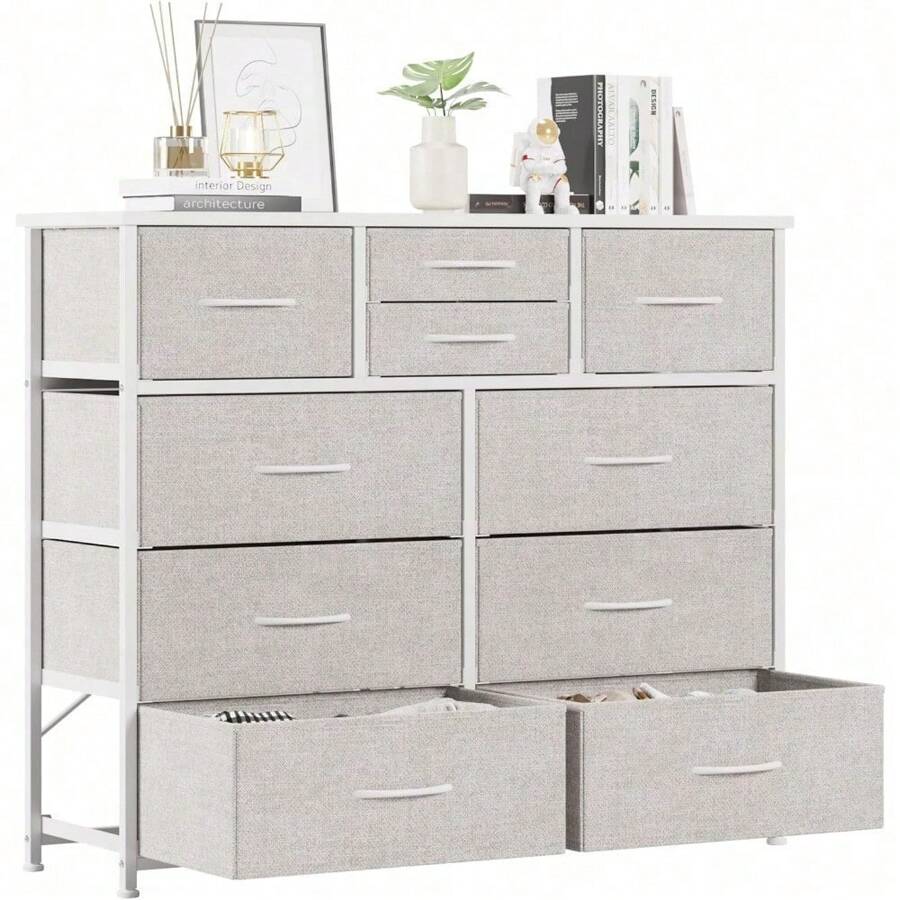 LUMTOK 10-Drawer Dresser, Fabric Storage Dresser Drawers For Bedroom, Hallway, Nursery, Closets, Steel Frame, Wood Top, Easy Pull Handle (Greige) - 淺灰色 - 查看 1