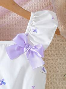 Young Girl Two Pieces Suspender Shorts Bow Purple Flower Print Fresh Suit - Purple - View 4