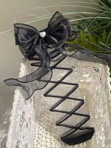 1双夏季薄纱水晶波点荷叶边蝴蝶结袜，日式风格 - 黑色 - 查看 3