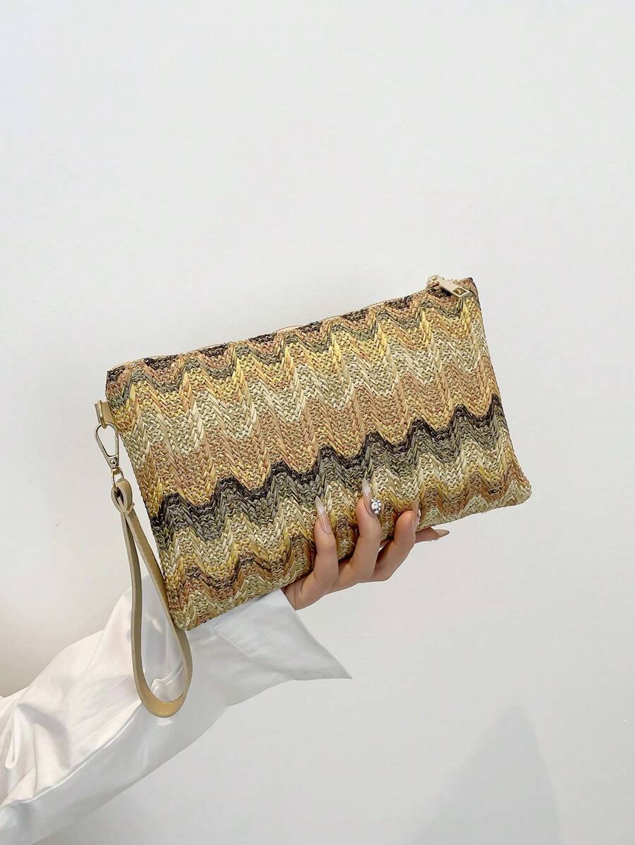Fashionable Spring/Summer New Multi-Purpose Woven Envelope Bag, Casual Color Block Wave Pattern Handbag