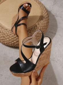 Sandalias de plataforma, chancletas de estilo hada versátiles, suela gruesa, sandalias de cuña, sandalias de plataforma para mujer, zapatos para mujer talla grande, cuñas de tacón grueso impermeables - Negro - Ver 4