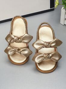 Girls Bow Decoration Design Versatile Fashion Classic Cute Elastic Band Baby Sandals Princess Toddler Shoes Children's Round Toe Soft Sole Shoes Suitable For Spring, Summer, Autumn And Winter - Gold - View 3