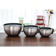 Stainless Steel Non-Slip Mixing Bowls With Pour Spout, Handle And Lid, Set Of 3, Black