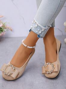 Plus Size Women's Fashionable Cute Mary Janes Flats, New Spring Casual Round Toe Metallic Flower Decor Slip On Comfortable Versatile Work/Driving Shoes