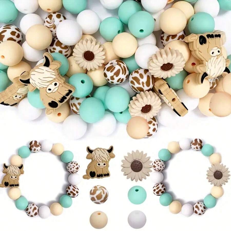 39pcs/Set Daisy & Highland Cow Shaped Silicone Beads - Suitable For DIY Jewelry Making, Pens, Necklaces, Keychains - Colorful Handmade Gift Set With Animal & Floral Patterns, Silicone Character Beads - 39PCS Daisy Cow Set - View 1