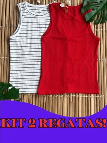 Kit 2 Regata Feminina Canelada Lisa e Listrada Blusa Básica Camisa Casual Verão Carnaval - Vermelho/BrancoLis - Visão 2