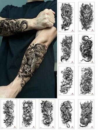 11 Sheets Temporary Tattoo Adult Men Black Tattoo Half Sleeve Set, Including Lion Wolf Tiger Dragon Pattern, Body, Arm, Chest, Shoulde Waterproof Fake Tattoo Stickers