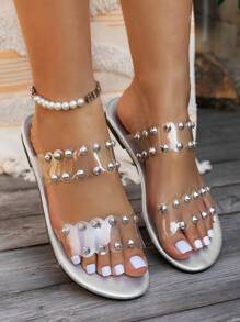 Women Flat Sandals, Fashionable Studded Decoration Open Toe Slide Sandals, Casual Personalized Holiday Beach Sandals - Silver - View 8