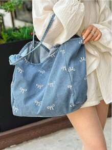 New Korean Casual Fashion Versatile Blue Highly Attractive Bow Washed Canvas Tote Bag For Commuting, Travel, Shopping, Student Back To School, Large Capacity Sweet Lady Handbag, Artistic Style School Bag & Book Bag For Women Or Students, Perfect For Books, Shopping, Back To School And More, Fashionable Bow Purse For Women