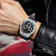 MSCXDK 4pcs/Set Top Brand Men's Quartz Watches, Conceptual Dial Design Silicone Strap Casual Military Sport Wristwatches With Jewelry Accessories Cross Necklace Bracelet Ring Set (No Box)