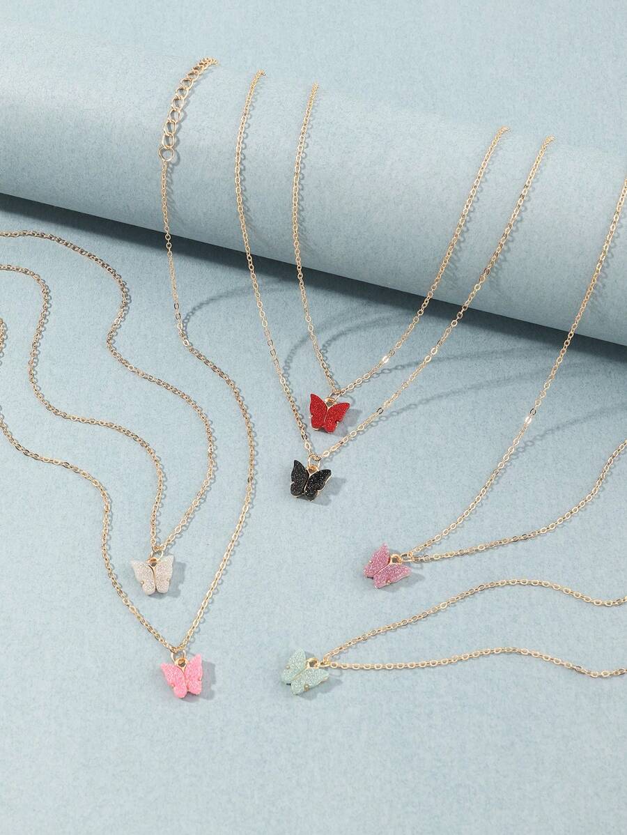 6pcs/Set Girls' Plastic Butterfly Necklace Set, Suitable For Daily Decoration - Multicolor - View 1