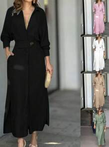 Elegant Solid Color Long Sleeve Lapel Waist Dress