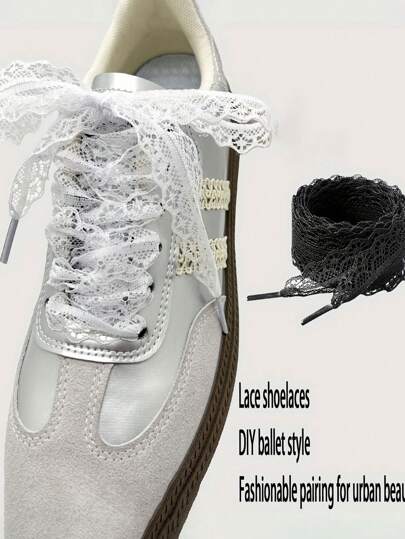2pcs Lace Shoelaces, Beautiful DIY Ballet Girl Accessories, Black & White Silk Lace Trim Shoelaces