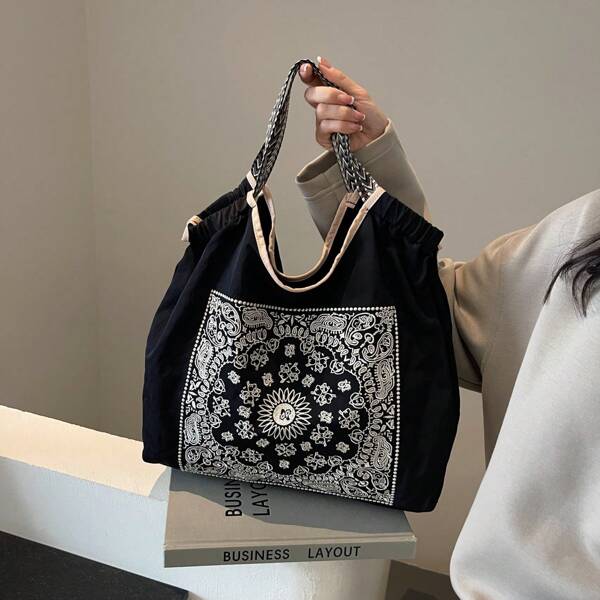 1 pièce Sac fourre-tout en denim lâche basse, grande capacité, assortiment de couleurs classiques, mode et convient aux étudiantes et employées de bureau, cadeau pour femmes, utilisation extérieure, déplacement, shopping, fleur de cachemire brodée