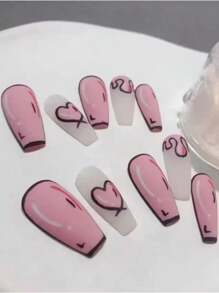 10 件/套手工棺材风格美甲贴，粉色涂鸦动漫设计，可爱简约，适合派对、舞蹈表演和日常穿着。包括 1 瓶果冻凝胶和 1 个指甲锉按压指甲 - 粉色 - 查看 1