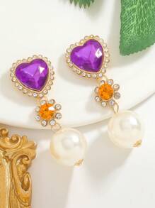 Pendientes de aro con forma de corazón con Rhinestones y perlas falsas, un accesorio de lujo elegante para mujer. Pendientes de Charm francés, accesorios de fiesta y diarios para damas, joyería de moda, regalos para mejores amigas