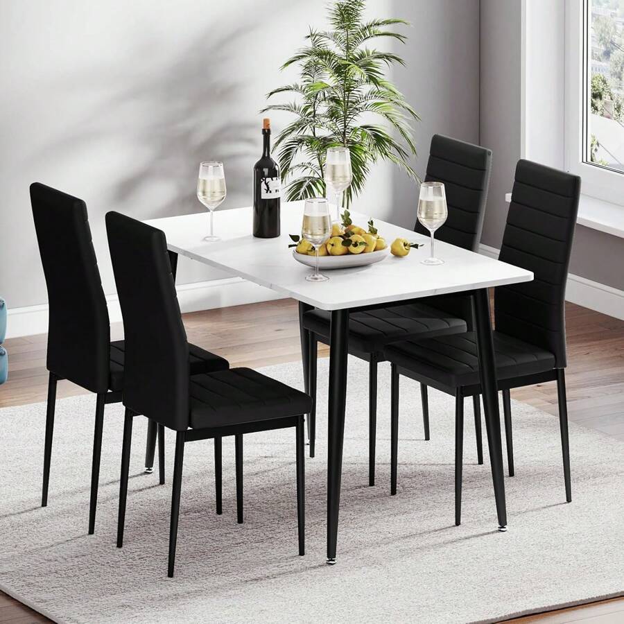 Dining Table And Chairs Set Of 4, 120CM Marble Effect Dining Table With 4 Faux Leather High Back Dining Chairs,Modern Dining Table Set For Home/Kitchen Office