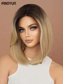 PIAOYUN Mini Lace Farbverlauf Blonde Bob Perücke für Frauen, kurzes glattes Haar, natürlich aussehende Perücke mit dunklen Wurzeln, Kunsthaarperücke ohne Kleber, hochwertige 2 * 0,5 U-Teil kleine synthetische Lace Front Perücke für den täglichen Gebrauch, 14 Zoll
