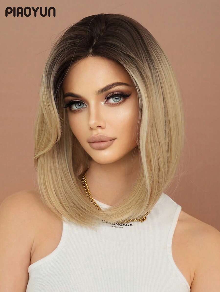 PIAOYUN Mini Lace Farbverlauf Blonde Bob Perücke für Frauen, kurzes glattes Haar, natürlich aussehende Perücke mit dunklen Wurzeln, Kunsthaarperücke ohne Kleber, hochwertige 2 * 0,5 U-Teil kleine synthetische Lace Front Perücke für den täglichen Gebrauch, 14 Zoll