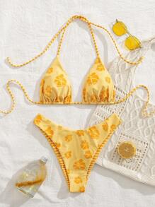 Sultry Sol New Soft Fabric Printed Halter Tie Bikini Set, Elegant Sexy Women Beachwear, Summer Beach Fashion Swimwear - Yellow - View 3