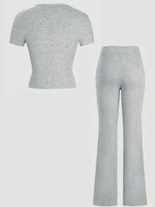 GAOVOT Women's Two Pieces Autumn Y2K Sportswear Casual Daily Solid Color Short-Sleeved Round-Neck T-Shirt Slim Straight-Leg Long Pants Set