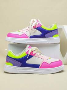 玫红色和白色拼接百搭时尚吸睛男女休闲低帮步行鞋百搭舒适透气运动健身跑步鞋适合节日聚会礼物 - 彩色 - 查看 1