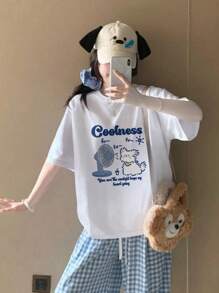 女式夏季可爱小狗图案印花圆领休闲短袖 T 恤 - 白色 - 查看 8