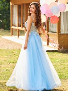 Contrast Lace Mesh Cami Prom & Evening Dresses Sparkly Lace Prom Dresses With Embroidered Spaghetti Strap V Neck Homecoming Dresses For Teens Rhinestone Lace Applique A Line Formal Evening Dresses Floor Length Mesh Ball Gown For Party Zipper Back Elegant Wedding Guest Dress, For Graduation, Dinner - Baby Blue - View 3