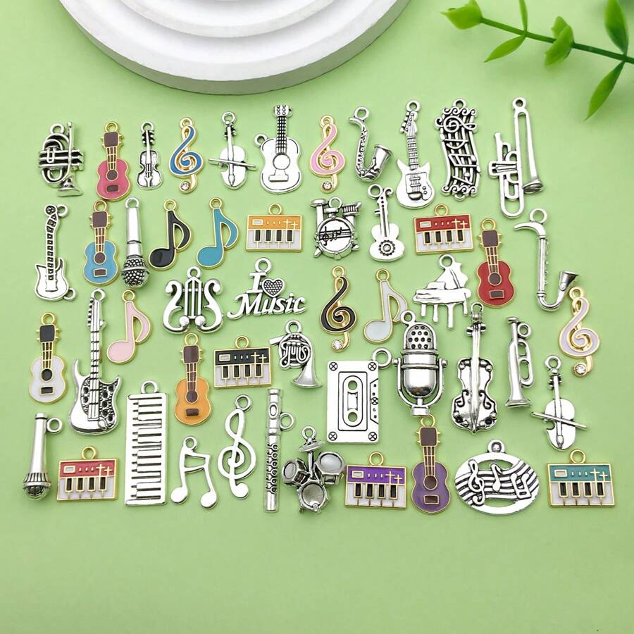 50pcs Mix Enamel Assorted Music Charms Antique Silver Guitar Notes Piano Musical Instruments Golden Plated Pendants For Jewelry Making DIY Craft Keychain Ornament Craft Accessories - Multicolor - View 1