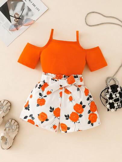 Young Girl Casual Cold Shoulder Camisole + Floral Print Shorts + Belt 3pcs Set, Spring/Summer