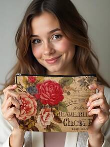 1 件复古花卉亚麻印花化妆包，可爱旅行化妆包和多功能零钱包，女性必备轻便礼物