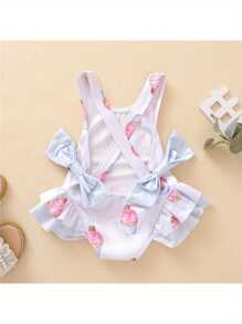 Girls Fashion Ruffles One Piece Swimsuit Cute Bow Cake Pattern Backless Suspender Swimsuit - trắng - Xem 3