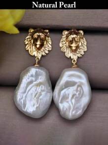 1 对时尚珍珠耳环，天然巴洛克珍珠吊坠耳环，狮子图案，男女通用日常和节日佩戴礼品套装 - 米色 - 查看 4
