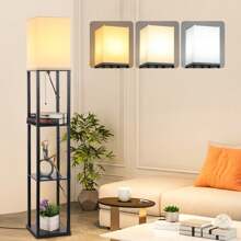 LISUNAR Floor Lamp With Shelves,3-Tier Modern Shelf Floor Lamp With Dimmable LED Bulb,White Fabric Shade,Wood Tall Corner Display Standing Lamp For Living Room Bedroom And Office Dr - Black