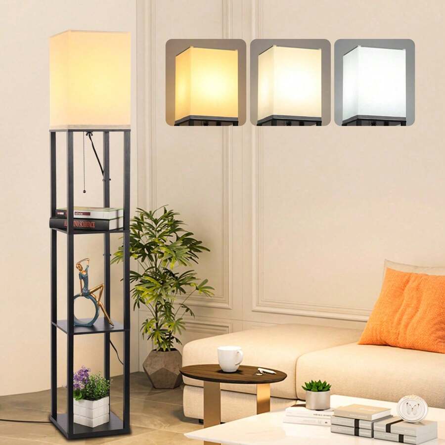 LISUNAR Floor Lamp With Shelves,3-Tier Modern Shelf Floor Lamp With Dimmable LED Bulb,White Fabric Shade,Wood Tall Corner Display Standing Lamp For Living Room Bedroom And Office Dr - Black