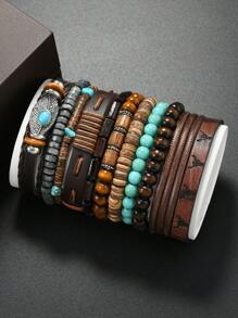 11 pièces Bracelet vintage en turquoise, en PU perles en bois, métal fait main tressé, parure de bijoux de décoration empilable unisexe, sans boîte