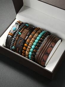 11 pièces Bracelet vintage en turquoise, en PU perles en bois, métal fait main tressé, parure de bijoux de décoration empilable unisexe, sans boîte