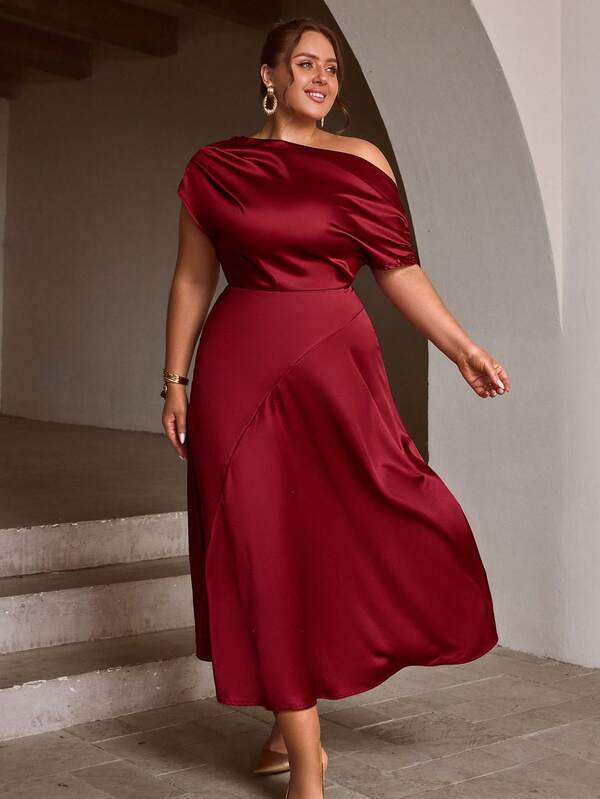 Sollinarry Abito da sera maxi in raso con scollo asimmetrico di taglia grande, abito da festa, abito per ospite di matrimonio, abito da sera