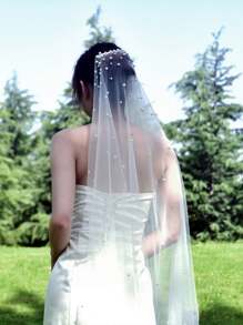 1pc Short Faux Pearl Bridal Veil, Suitable For Women's Wedding, Wedding Photography Prop, With Hair Comb - Beige - View 14