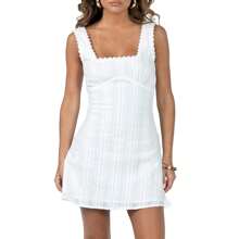 Women's Summer Sleeveless Square Neck Dress With Lace Trim Solid Color A-Line Dress Mini Skirt - 白色 - 查看 1