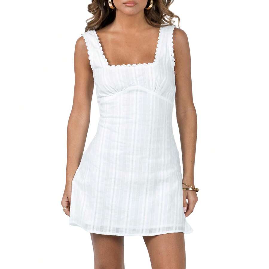Women's Summer Sleeveless Square Neck Dress With Lace Trim Solid Color A-Line Dress Mini Skirt - 白色 - 查看 1