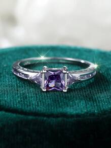 优雅简约 925 纯银公主方形切割紫水晶戒指，适合婚礼、订婚、周年纪念、生日礼物 - 紫色 - 查看 4