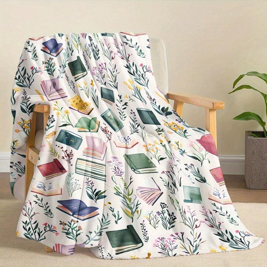 Contemporary Flannel Knitted Throw Blanket - Digital Print, 100% Polyester, Watercolor Books & Wildflowers Pattern, Quilted, Soft And Warm For All Seasons, Ideal For Home, Office, Travel, And Gifts - Colorful - View 1