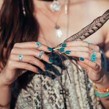 Western Jewelry For Women Bohemian Turquoise Jewelry Set Turquoise Pendant Choker Necklace Turquoise Faux Leather Cuff Bracelet Turquoise Hoop Dangle Earrings Turquoise Joint Knuckle Rings