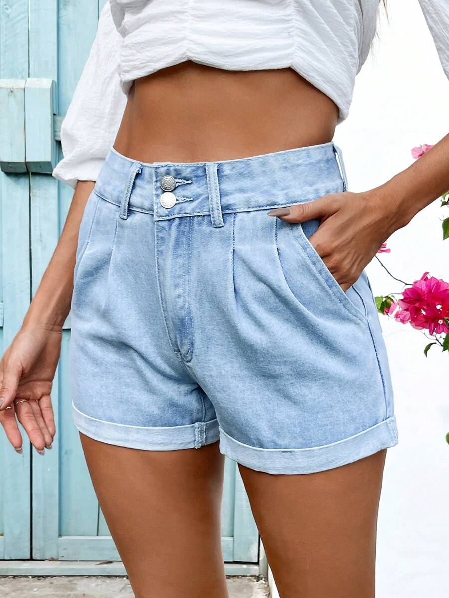 Mobula Sound 夏季百搭休闲音乐节假日时尚双扣设计修身显腿长女校园风牛仔短裤 - 藍色 - 查看 1