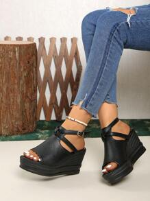 Women's Solid-Color Wedge Sandals, Casual Open-Toed Platform Shoes, Comfortable Buckle Sandals - Black - View 2