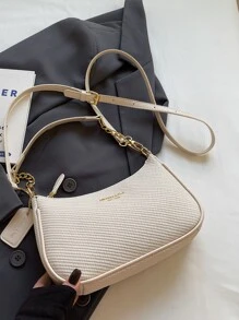 这款时尚、经典、百搭的字母图案设计纯色PU防水材质新月形肩包/腋下包，适合购物，也可斜挎。 - 米色 - 查看 5