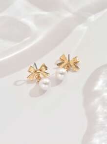 1 对时尚仿珍珠蝴蝶耳环，适合日常佩戴和派对 - 金色 - 查看 2