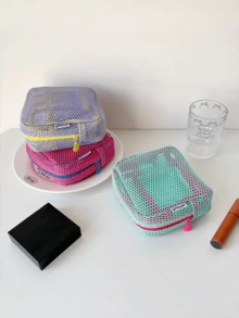 1pc Spring New 3 Colors Mesh Small Square Makeup Bag Travel Mini Solid Color Cosmetic Storeage Pouch - Multicolor - View 3